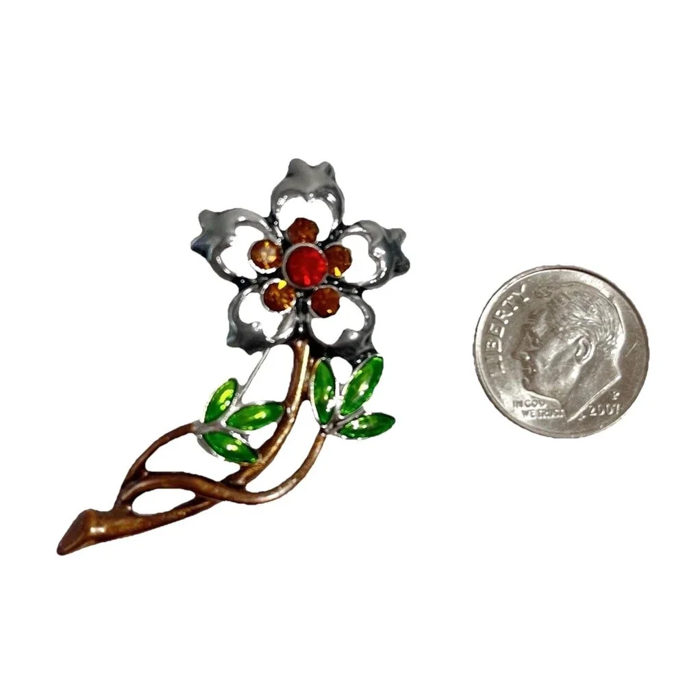 Enamel Rhinestone Flower Stem Pin Brooch Retro Floral Botanical Nature Jewelry